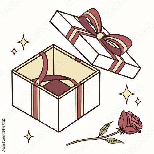 A beautifully illustrated gift box with a rose and sparkles