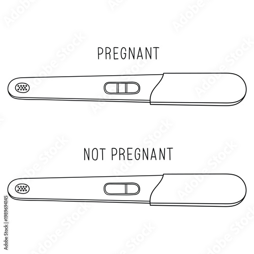 Hand-drawn doodle set of pregnancy tests with positive and negative results on a white background.