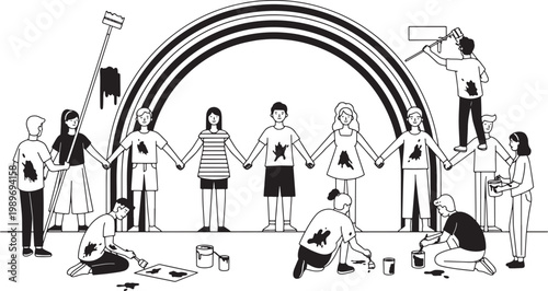 Diverse Group of Young People Painting a Large Rainbow Mural Together Illustration