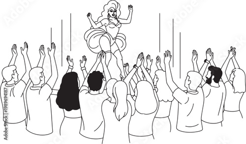 Drag Queen Performer on Stage with Cheering Crowd Vector Line Art Illustration