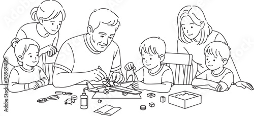 Family Assembling Model Airplane Together Line Art Vector Illustration