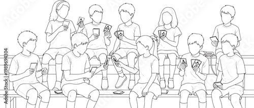 Group of Children Sitting on Bleachers Playing Card Games Line Art Illustration