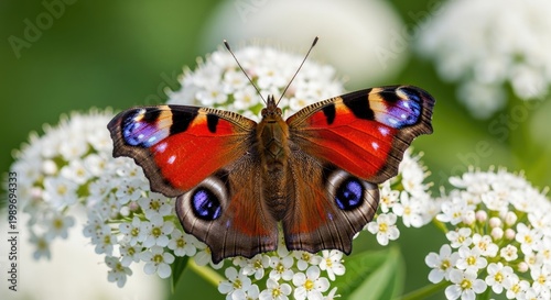 A vibrant red admiral butterfly rests delicately on a cluster of small white wildflowers in a garden