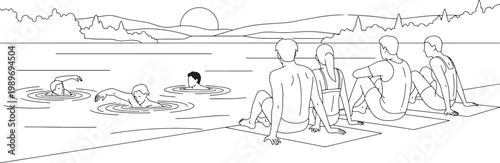 Group of People Relaxing by a Lake at Sunset Line Art Illustration