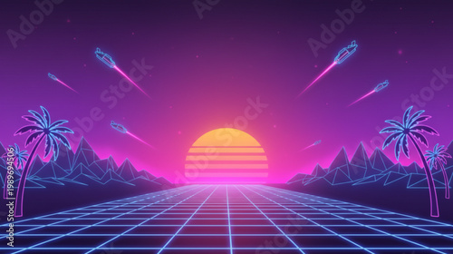Retrofuturistic landscape with neon grid and flying vehicles