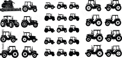 Collection of tractor silhouettes including various agricultural farm vehicles and machinery isolated on white background for farming transport equipment and rural industry design