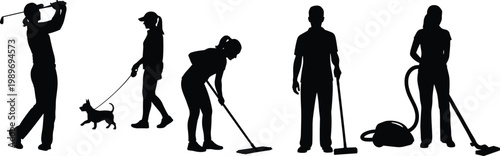 Silhouette collection of people performing daily activities including golf dog walking cleaning sweeping vacuuming and household work isolated on white background lifestyle concept