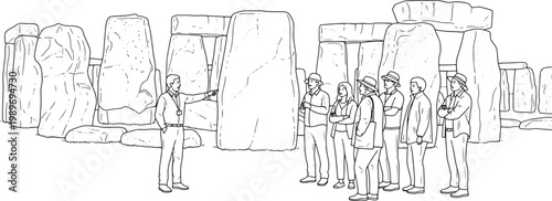 Tour Guide Explaining Stonehenge Ancient Megalithic Site to Group of Tourists Illustration
