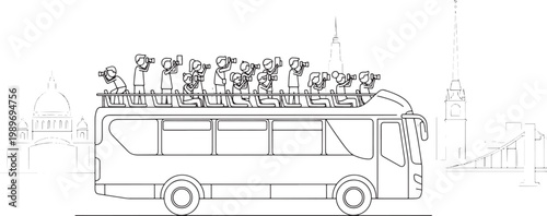 Vector Line Art Illustration of Tourists Sightseeing on an Open Top Bus