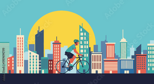 Person Cycling Through Modern City with Vibrant Skyline and Sunrise, Healthy Urban Lifestyle