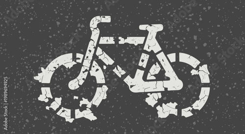 Distressed White Bicycle Stencil Symbol on Cracked Dark Asphalt Road Surface