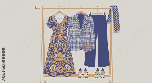 Elegant Women's Dress and Men's Suit Hanging on Clothing Rack with Scarf and Shoes in Bright Studio