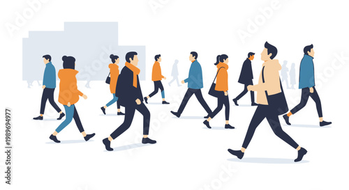 Diverse Group of People Walking Together in Various Poses on Isolated White Background