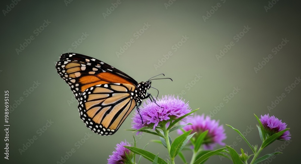 Obraz premium Monarch butterfly resting on vibrant purple clover blossoms in a natural setting