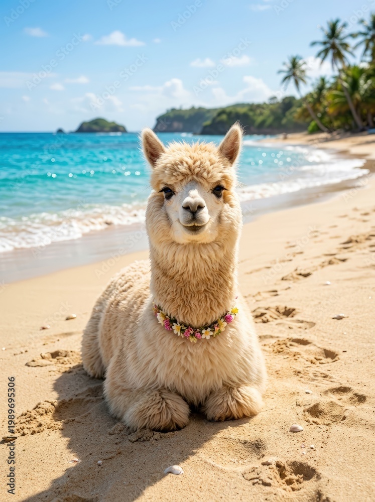 Obraz premium Cute fluffy alpaca with floral wreath resting on tropical beach. Wildlife animal portrait during summer vacation. Exotic island scenery with palm tree and blue ocean, travel concept.