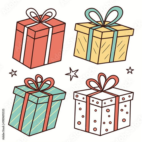 A colorful illustration of four gift boxes with ribbons and bows