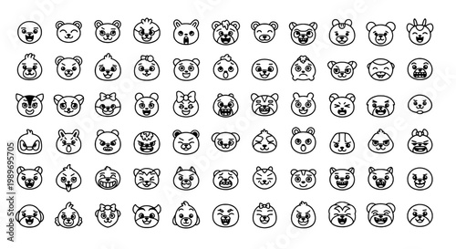Cats cartoon set with various expressions and styles featuring cute, animals, pets with faces and illustrations elements for black and white, line