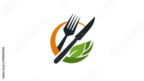 Healthy Organic Food Icon with Fork, Knife, and Green Leaf Symbol for Restaurant, Cafe, or Nutrition Concept