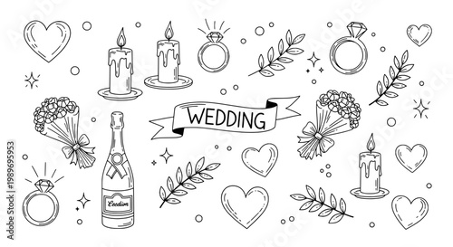 Wedding doodle set with hearts, candles, rings, and bouquets featuring celebration, love, marriage with illustration and hand-drawn elements for