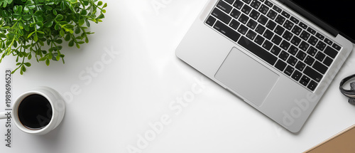 Modern Workspace Flat Lay with Laptop Coffee and Green Plant