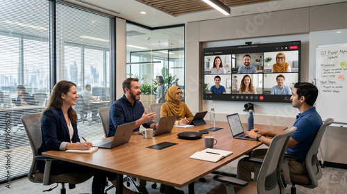 Hybrid Team Meeting in Modern Office