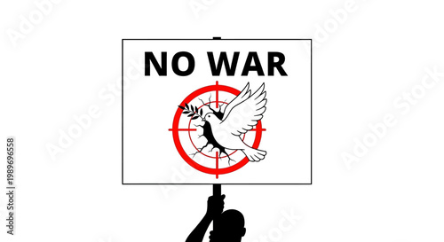 Silhouette holding sign with dove and target symbol against war