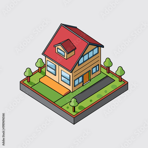 Isometric House Illustration with Red Roof and Garden in Flat Cartoon Style