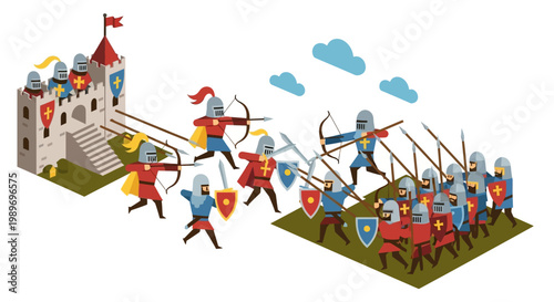 Medieval knights in battle with archers and castle backdrop