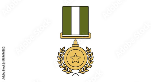 Military medal with green and white ribbon and laurel wreath