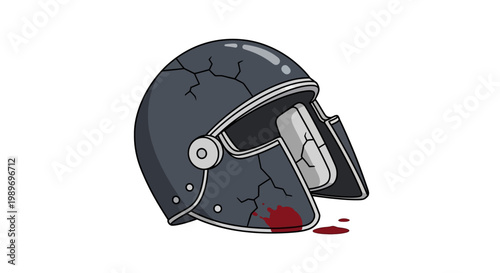 Cracked motorcycle helmet with bloodstain on white background
