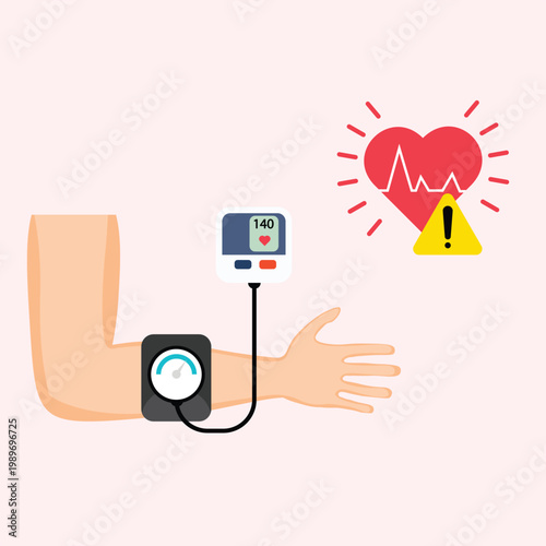 World Hypertension Day Flat illustration of blood pressure monitoring concept with arm cuff, digital meter and alert heart icon, symbolizing World Hypertension Day awareness, health check 