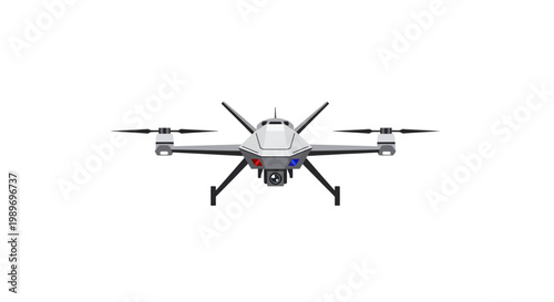 Front view of modern quadcopter drone with isolated white background