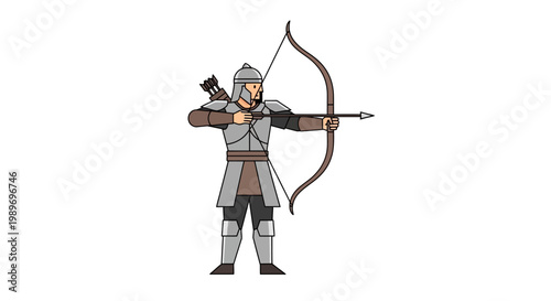Medieval archer in armor aiming with bow and arrow illustration