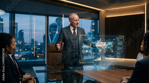 Executive Presenting Futuristic Data In Boardroom