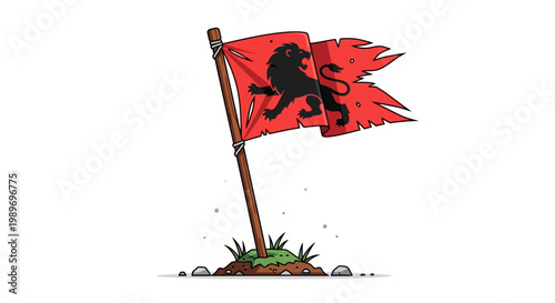 Tattered red flag with lion emblem on wooden pole