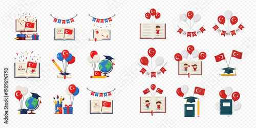 Turkish National Education Day Celebration Vector Illustrations with Books, Balloons, and Flags.