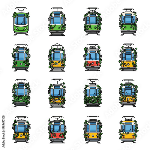 Collection of Colorful Vintage Trams Overgrown with Lush Green Ivy and Vines on a White Background