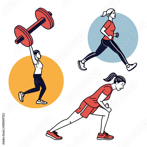 A vector graphic illustration of women engaging in various fitness activities with dumbbells and running