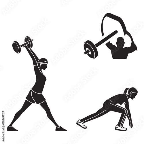 A set of black silhouette icons depicting people engaging in various fitness exercises with dumbbells and barbells