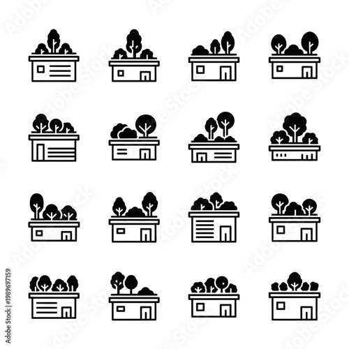 Set of sustainable eco-friendly house icons with green rooftop gardens and trees in a modern minimalist style