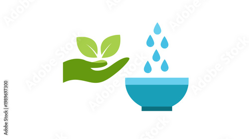 Environmental care and sustainability icon: green hand holding leaves, fresh water drops falling into a bowl, eco-friendly concept.