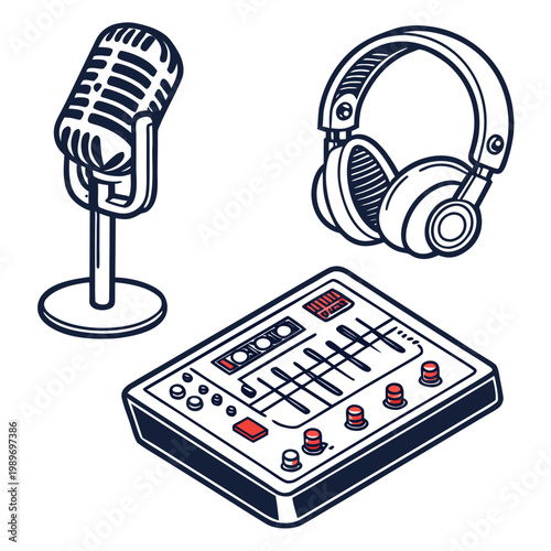 A vector graphic illustration of a microphone, headphones, and audio mixer for podcasting or music production