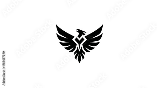 Stylized black phoenix bird silhouette with spread wings, representing power, freedom, and triumph on a white background.