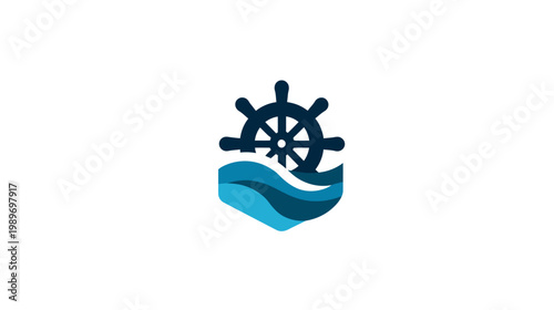 Nautical Ship Wheel and Ocean Waves Vector Logo Icon Design Concept. Marine, Sea, Travel, or Navigation Symbol.