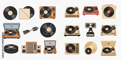 Collection of vintage record players, turntables, and vinyl records on a transparent background, showcasing retro audio equipment and music accessories.
