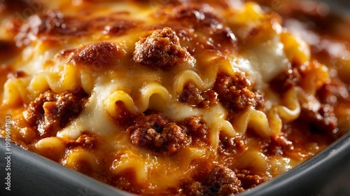 Gebackene Lasagne mit goldbraunem Käse, Tomatensoße und Kräutern in einer weißen Backform.