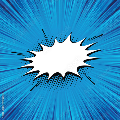 Blue comic book explosion background with white speech bubble halftone pop art radial zoom motion lines graphics designs