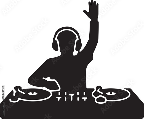 A black silhouette of a dj wearing headphones and waving their hand while operating a turntable mixer