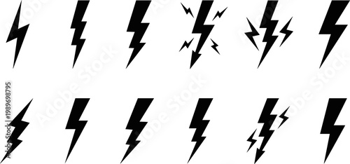 Collection of black lightning bolt vector icons in diverse stylized designs, representing electricity, energy, power, and thunderstorm concepts for commercial graphic design and illustration projects