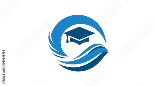 Dynamic blue education logo with graduation cap and wave symbol, representing academic learning, knowledge, and success